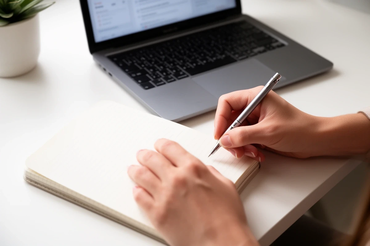 デスクでブログ記事を執筆している様子